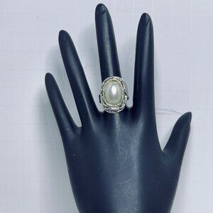 Silver Tone & Faux Pearl Statement Adjustable Ring (R431)